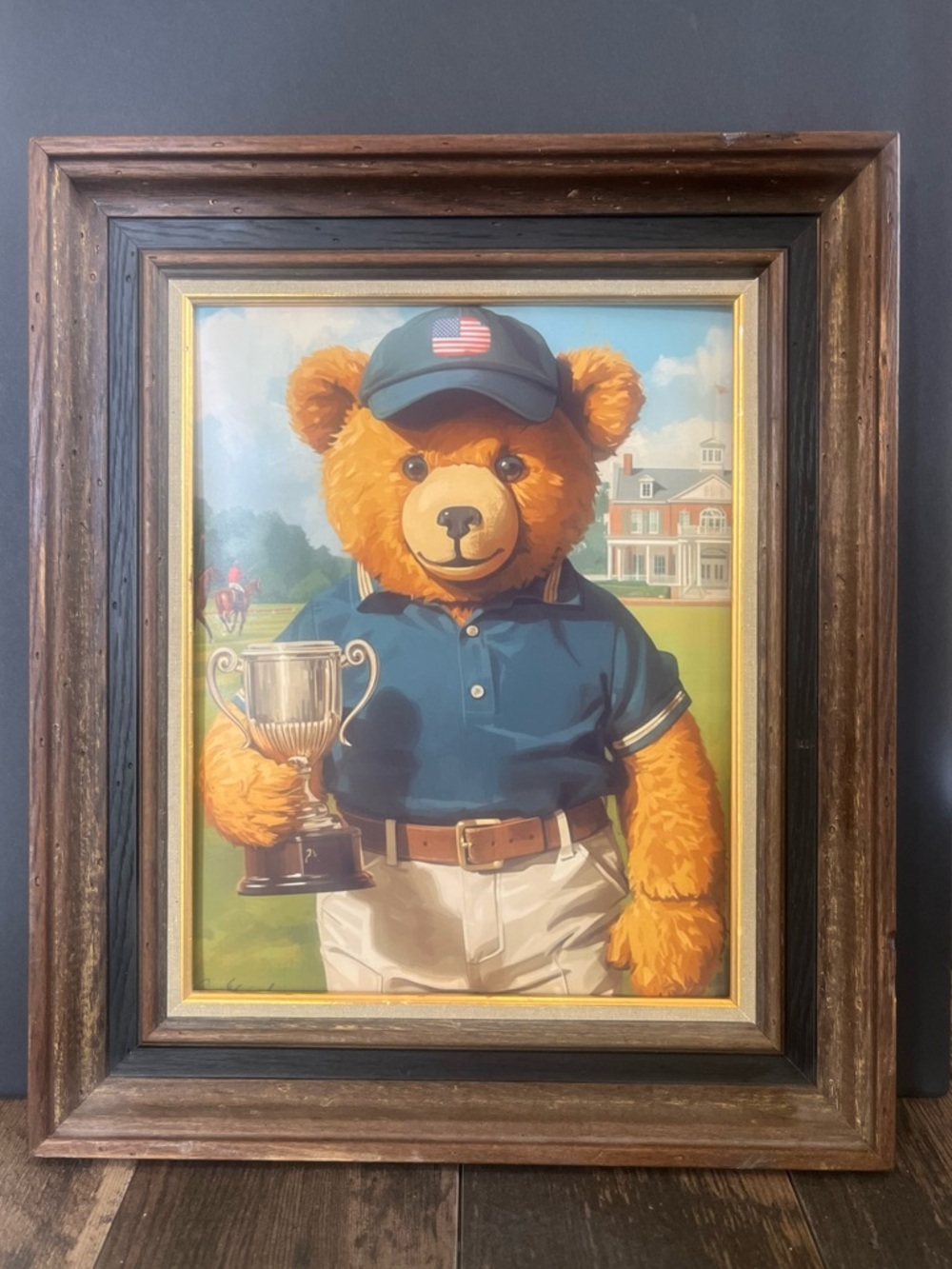 Vintage Wood frame , Polo Ralph Lauren Vibe Vintage inspired Bear print 16x19”